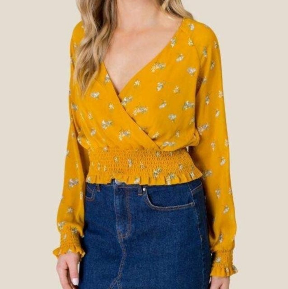 Francesca's Yellow Floral Long Sleeved Crop Top